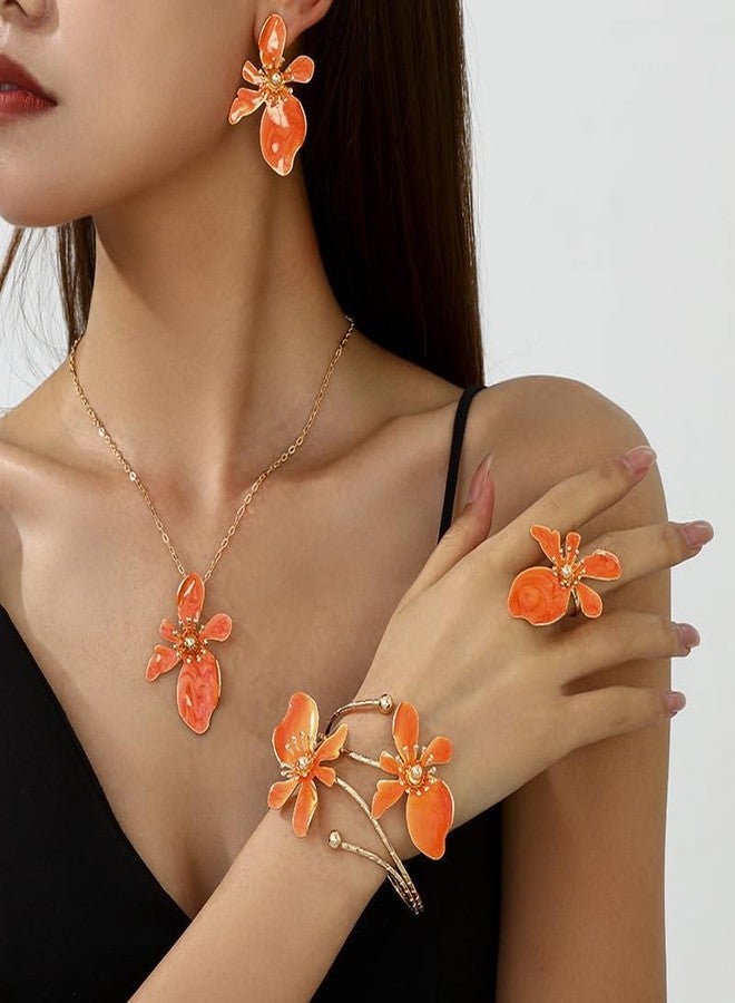 Thalireth 4PCS Gold Orange Flower Cuff Arm Bracelets Upper Arm Earrings Hibiscus Necklace Chunky Ring Fall Summer Orchid Hibiscus Jewelry Set For Women Thankgiving Fall Birthday Gift - Image 4